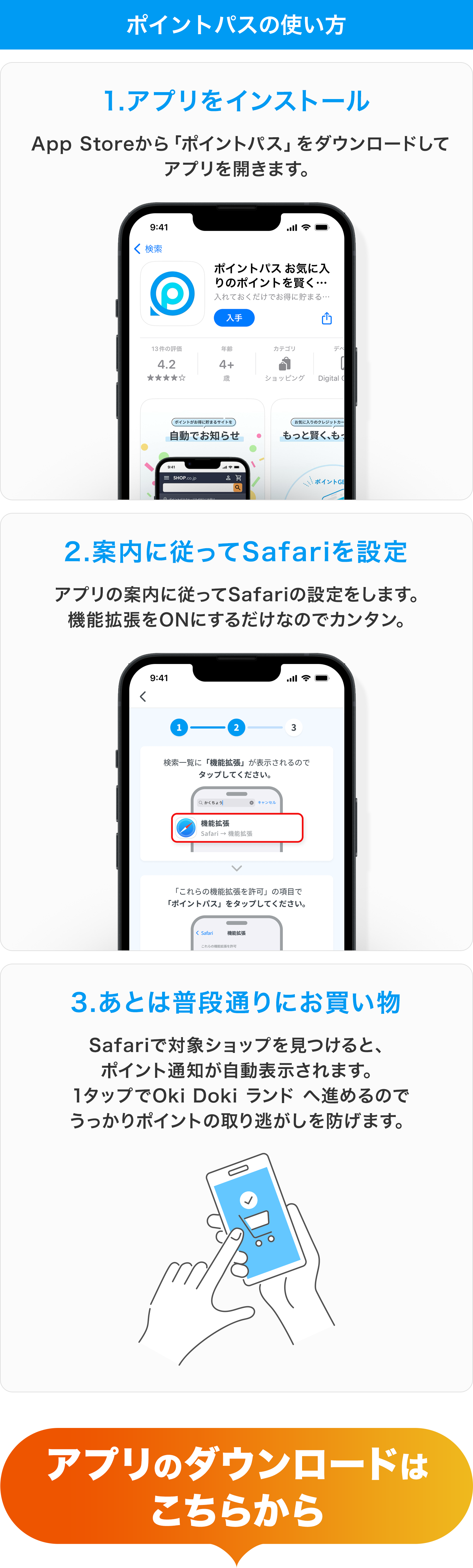ポイントパスの使い方 1.アプリをインストール App Storeから「ポイントパス」をダウンロードしてアプリを開きます。2.案内に従ってSafariを設定 アプリの案内に従ってSafariの設定をします。機能拡張をONにするだけなのでカンタン。3.あとは普段通りにお買い物 Safariで対象ショップを見つけると、ポイント通知が自動表示されます。1タップでOki Doki ランド へ進めるのでうっかりポイントの取り逃がしを防げます。